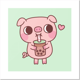 Cute Little Pig Loves Drinking Bubble Tea Posters and Art